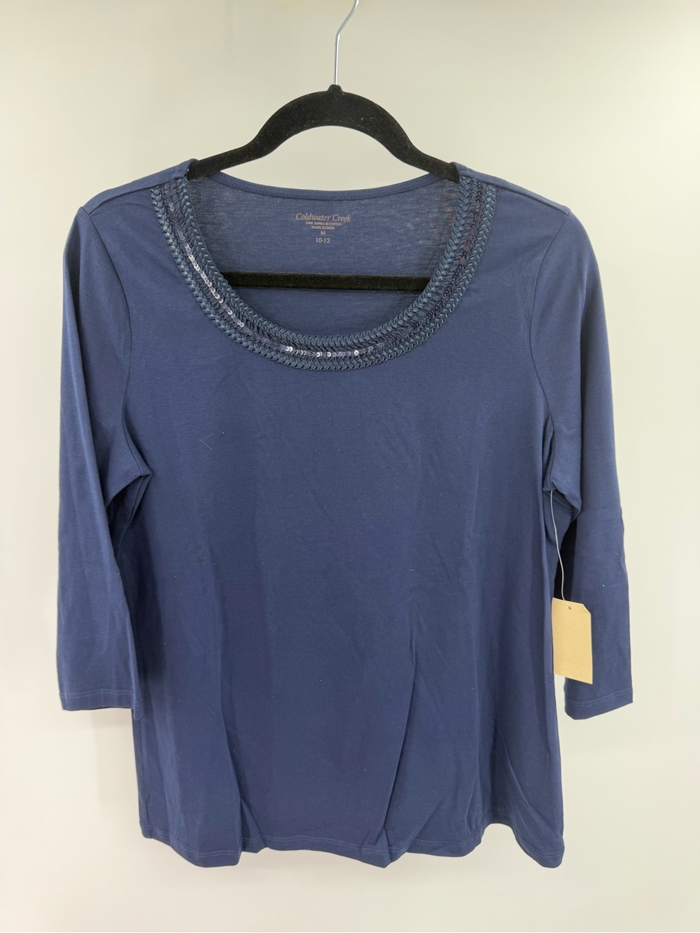 Coldwater Creek Navy Scoop Neck Beaded Embellished Elbow Sleeve Top Medium New